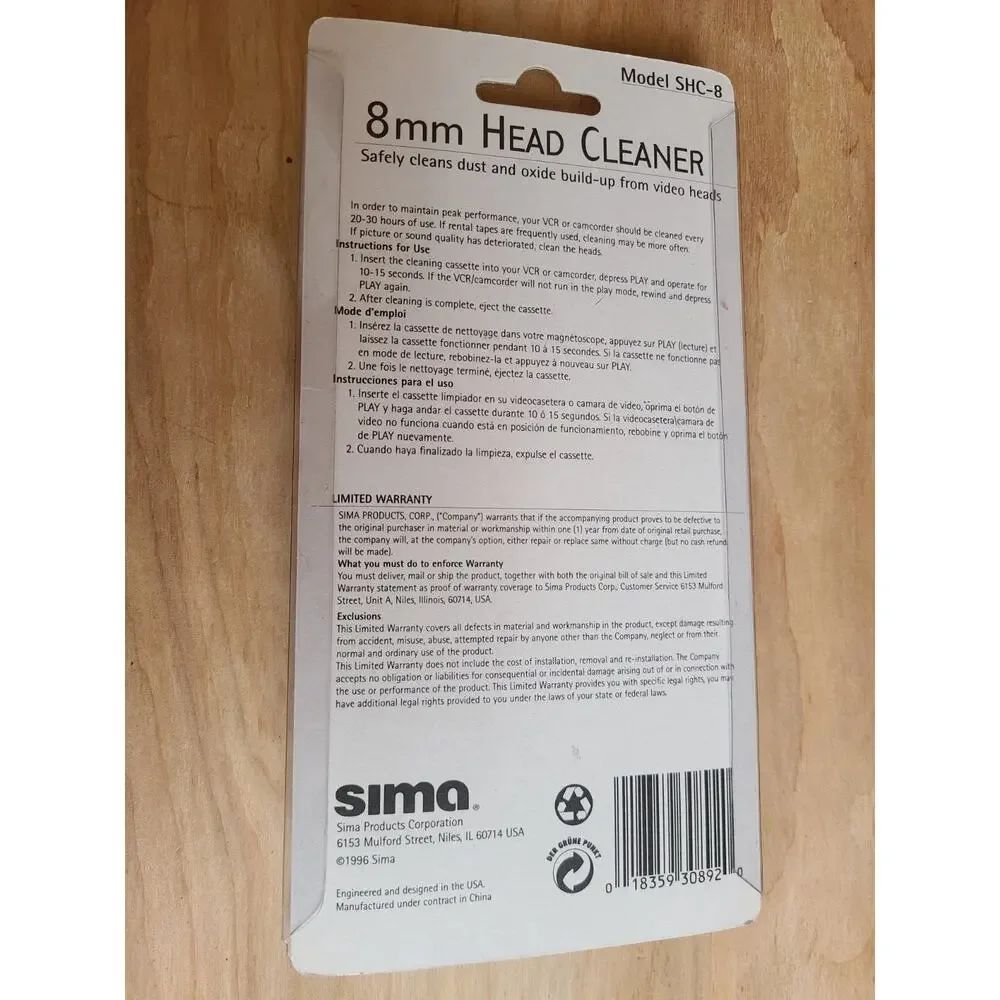NEW sealed Sima 8mm camcorder head cleaner model SHC-6 vintage 1996